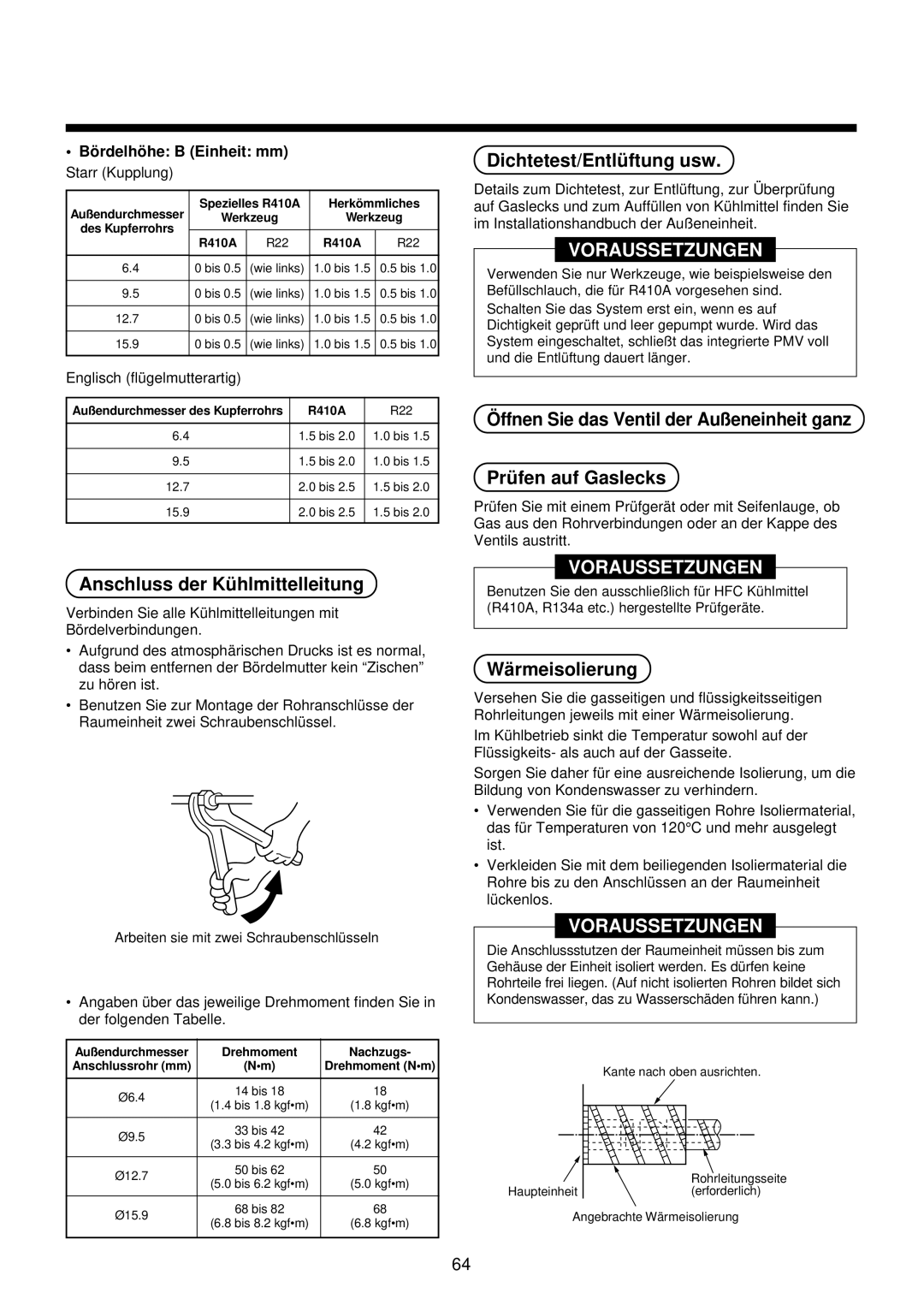 Toshiba MMU-AP0071YH installation manual Anschluss der Kü hlmittelleitung, Dichtetest/Entlü ftung usw, Wä rmeisolierung 