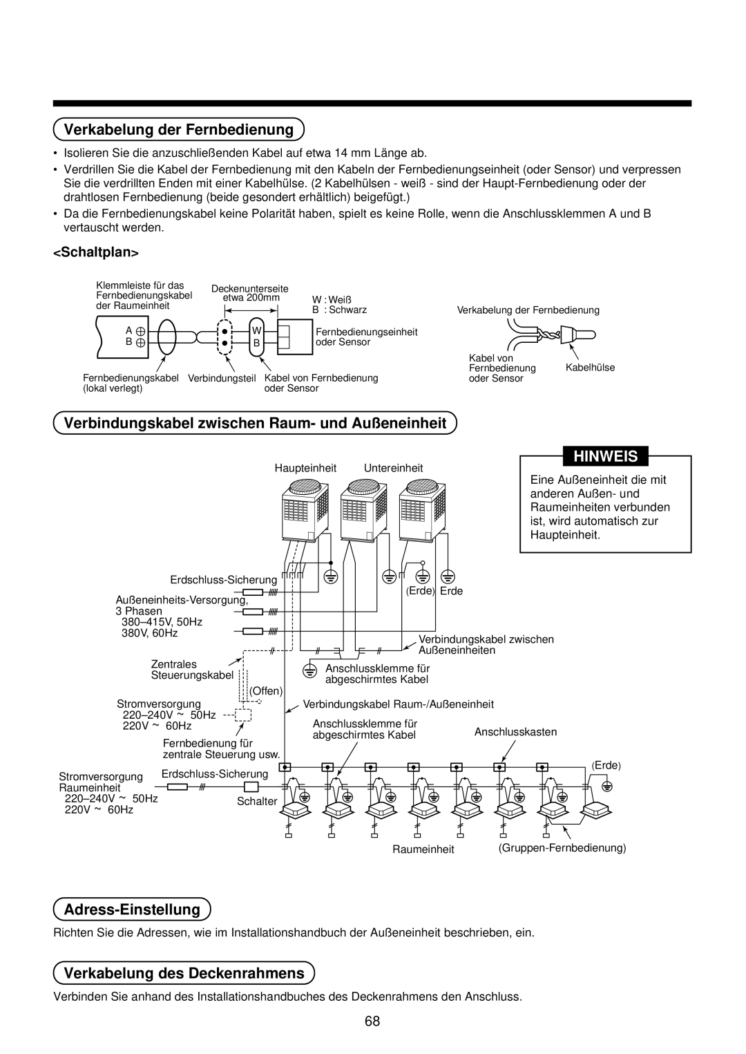 Toshiba MMU-AP0071YH Verkabelung der Fernbedienung, Verbindungskabel zwischen Raum- und Außeneinheit, Adress-Einstellung 