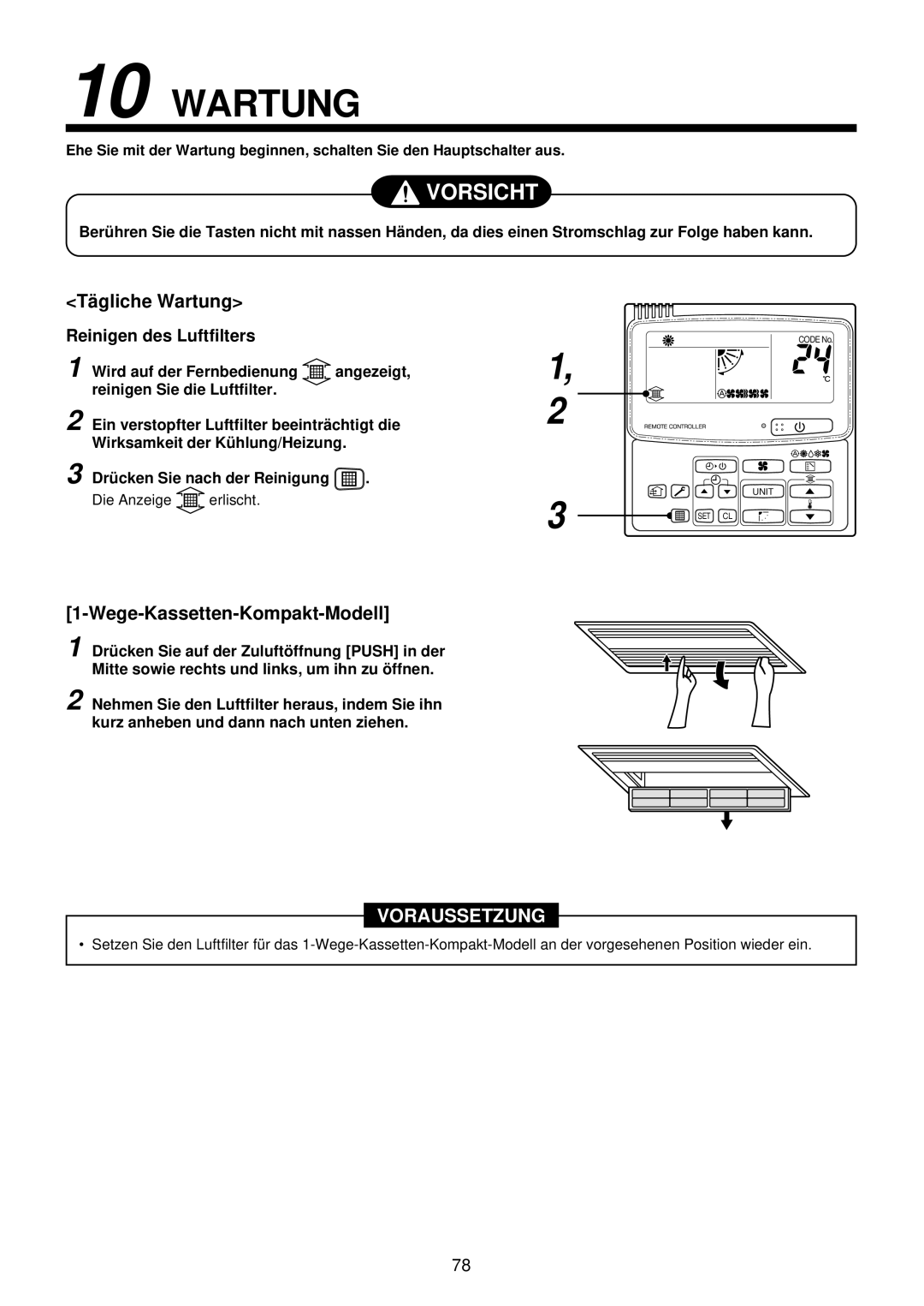 Toshiba MMU-AP0071YH installation manual Wege-Kassetten-Kompakt-Modell, Tä gliche Wartung Reinigen des Luftfilters 