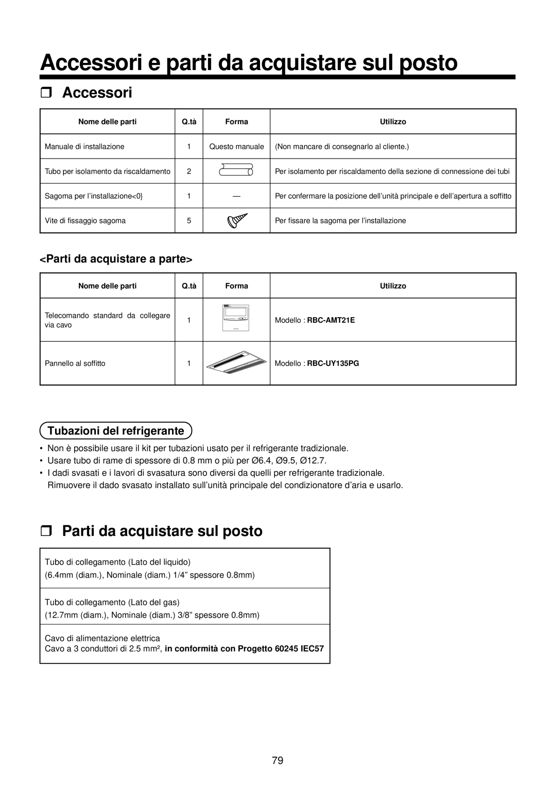 Toshiba MMU-AP0071YH Parti da acquistare a parte, Tubazioni del refrigerante, Nome delle parti Forma Utilizzo 