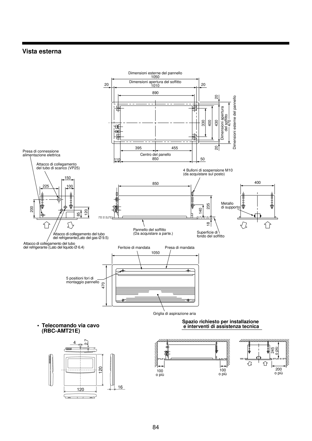 Toshiba MMU-AP0071YH installation manual Vista esterna, Telecomando via cavo RBC-AMT21E 