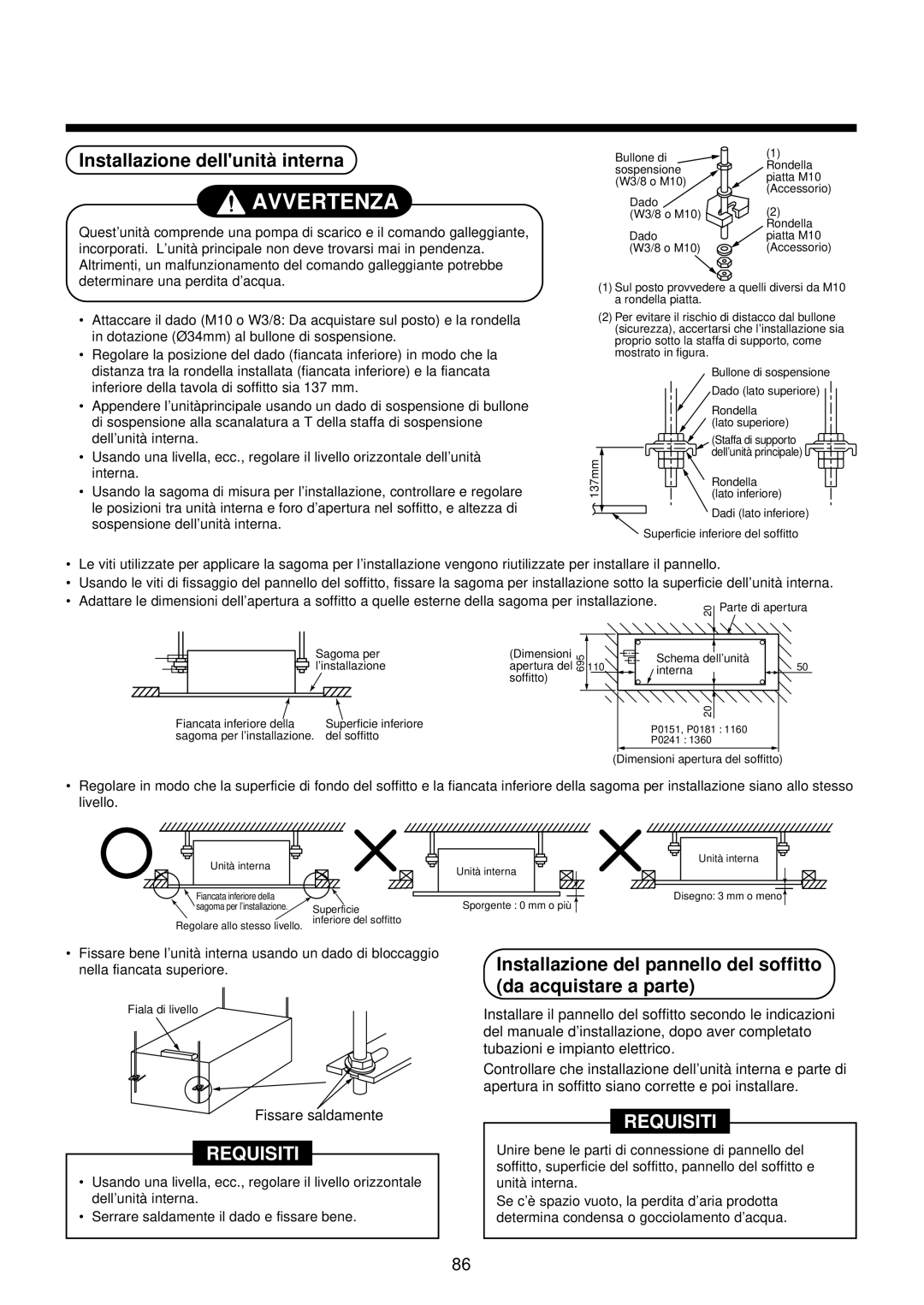 Toshiba MMU-AP0071YH installation manual Installazione dellunità interna, Fissare saldamente 