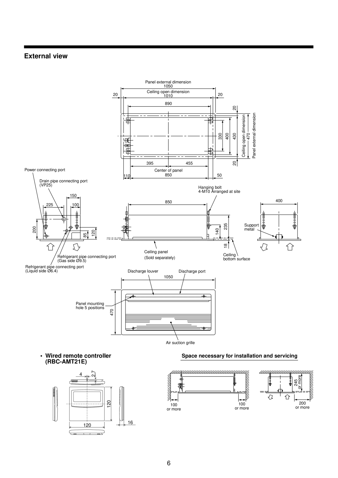 Toshiba MMU-AP0071YH installation manual External view, Wired remote controller RBC-AMT21E 