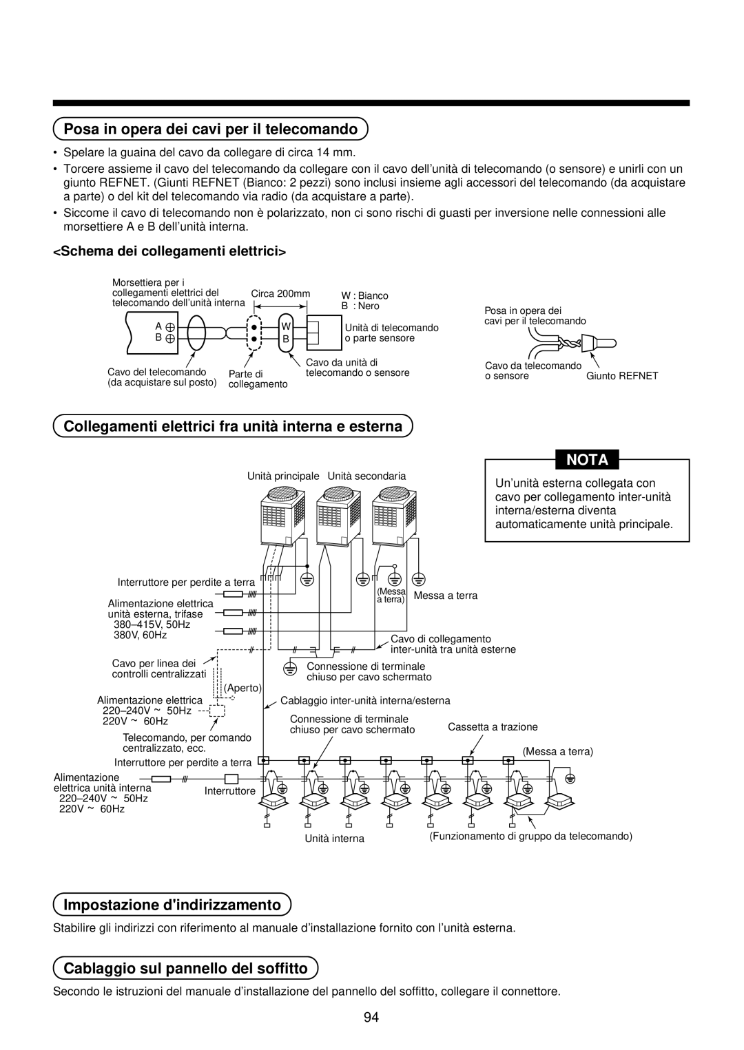 Toshiba MMU-AP0071YH Posa in opera dei cavi per il telecomando, Collegamenti elettrici fra unità interna e esterna 