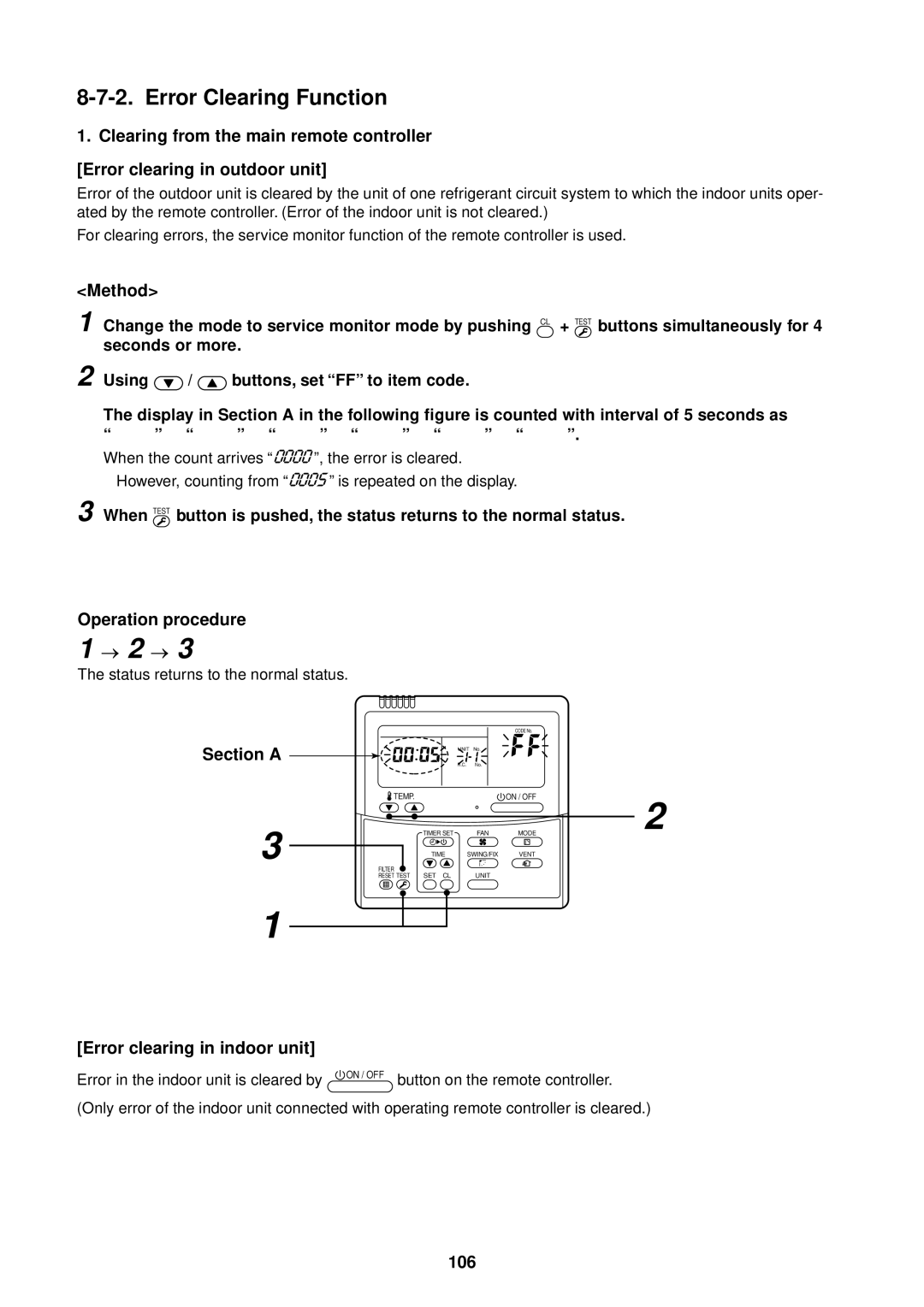 Toshiba MMU-AP0091H service manual Error Clearing Function, Method, Section a, Error clearing in indoor unit, 106 