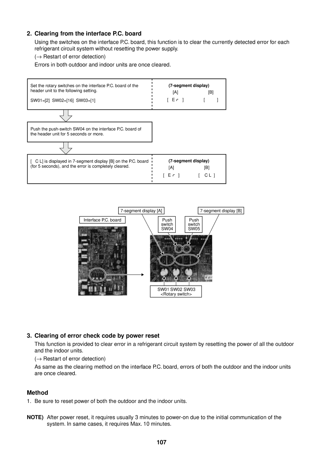 Toshiba MMU-AP0091H service manual Clearing from the interface P.C. board, Clearing of error check code by power reset, 107 