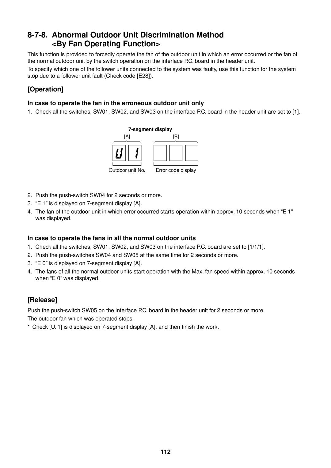 Toshiba MMU-AP0091H service manual Release, Case to operate the fan in the erroneous outdoor unit only, 112 