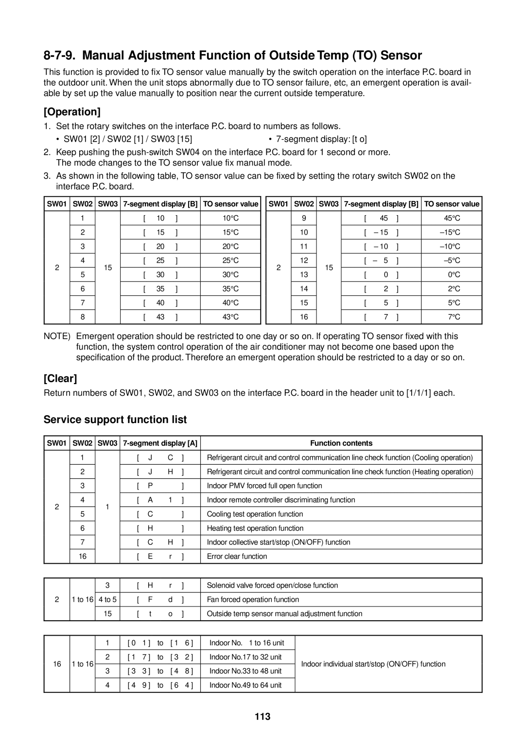 Toshiba MMU-AP0091H service manual Manual Adjustment Function of Outside Temp to Sensor, Service support function list, 113 