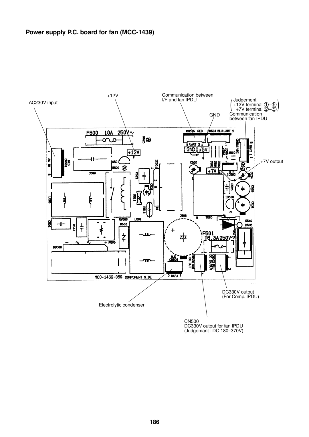 Toshiba MMU-AP0091H service manual Power supply P.C. board for fan MCC-1439, 186 