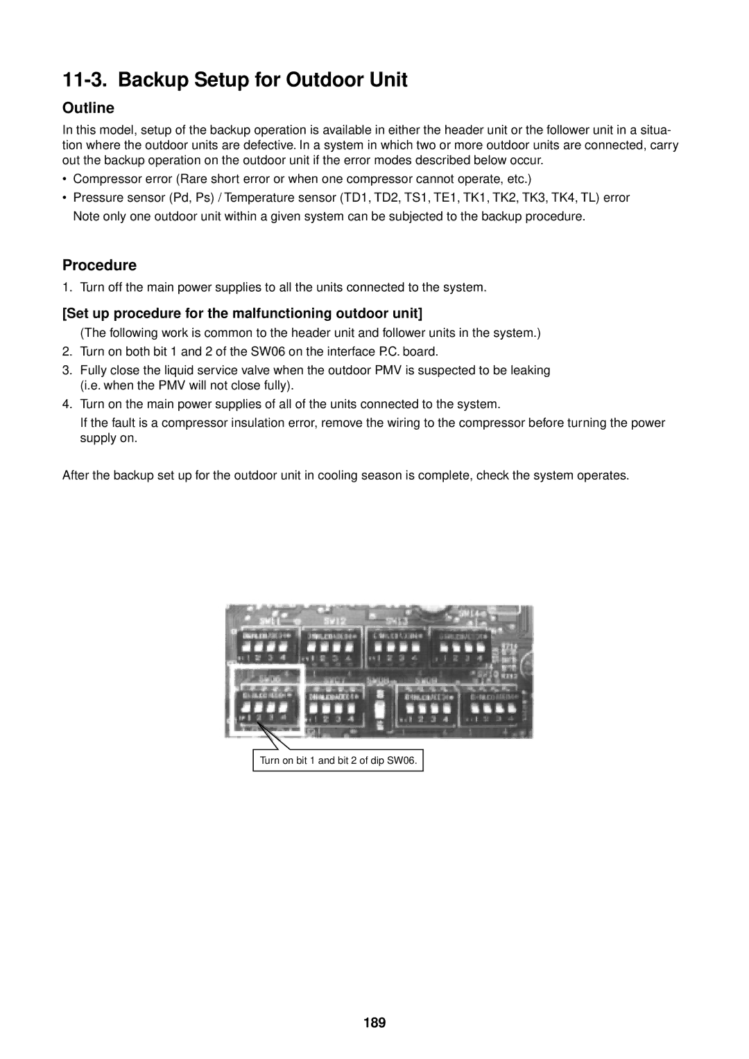 Toshiba MMU-AP0091H service manual Backup Setup for Outdoor Unit, Set up procedure for the malfunctioning outdoor unit, 189 