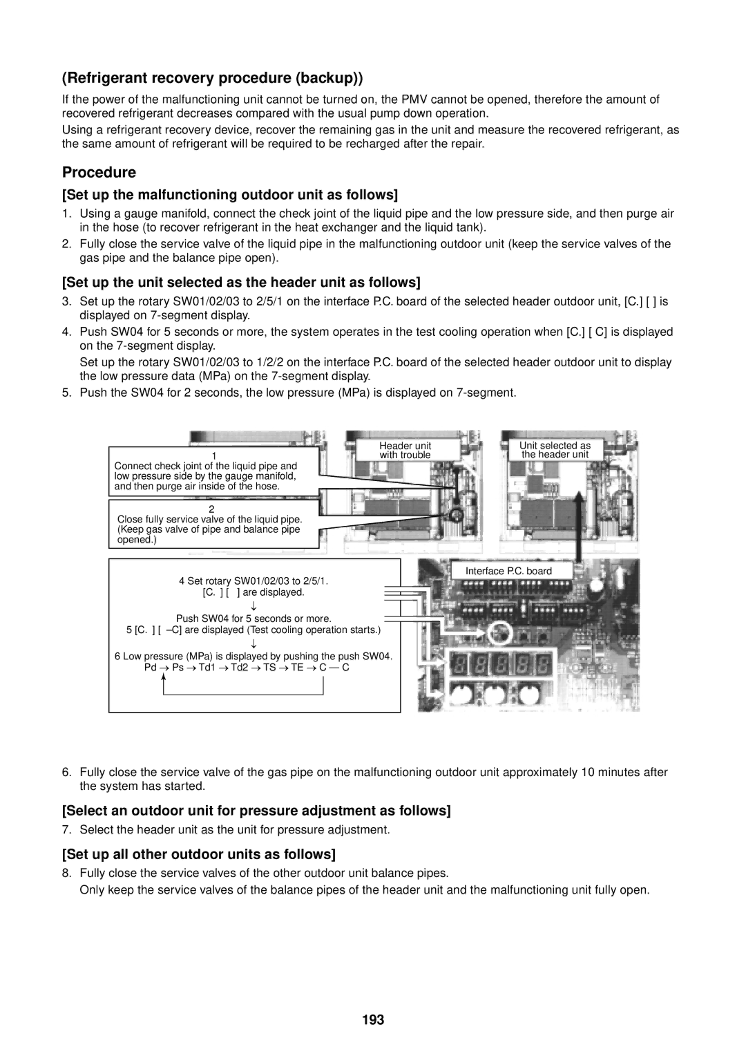 Toshiba MMU-AP0091H Refrigerant recovery procedure backup, Set up the unit selected as the header unit as follows, 193 