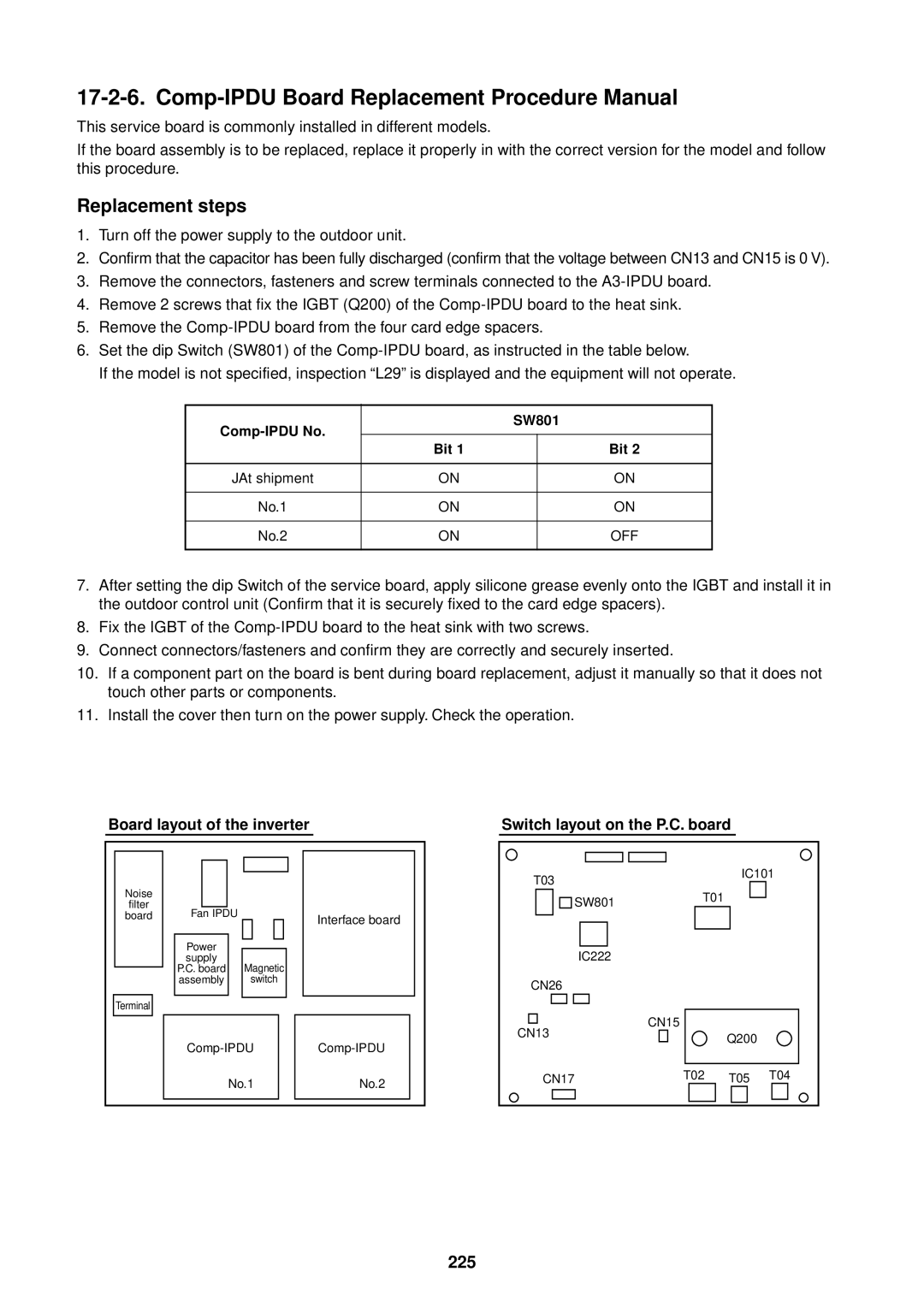 Toshiba MMU-AP0091H service manual Comp-IPDU Board Replacement Procedure Manual, 225, Comp-IPDU No SW801 Bit 