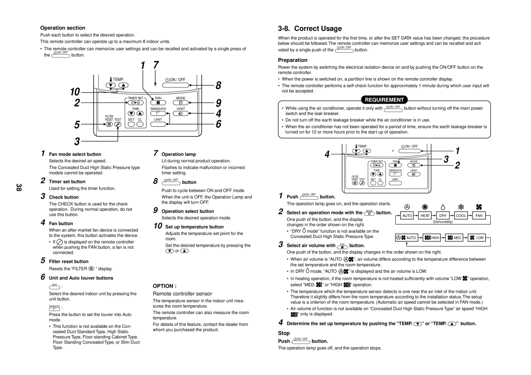 Toshiba MMU-AP0091H service manual Correct Usage, Operation section, Preparation, Stop 