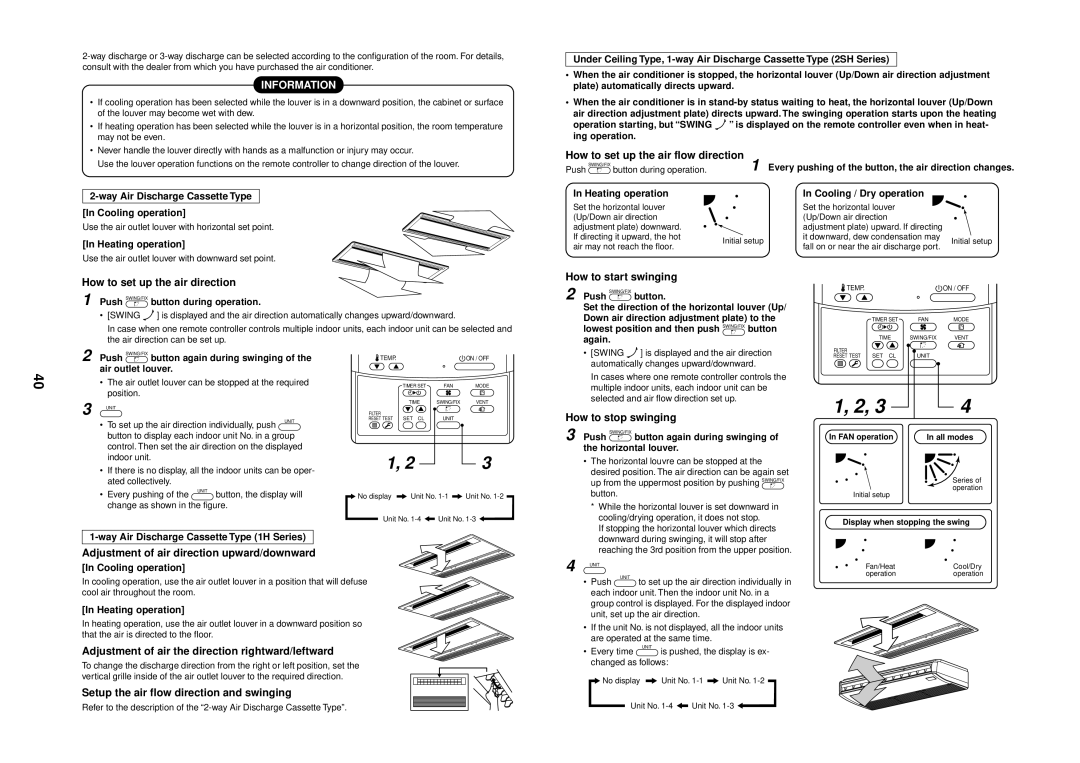 Toshiba MMU-AP0091H service manual How to set up the air flow direction, How to start swinging, How to stop swinging 