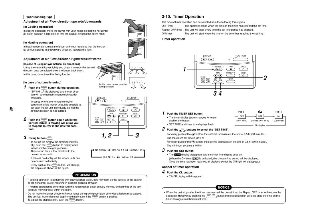 Toshiba MMU-AP0091H service manual Timer Operation, Timer operation, Cancel of timer operation 