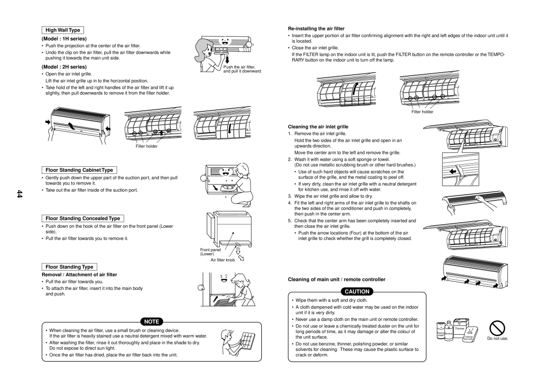 Toshiba MMU-AP0091H service manual High Wall Type Model 1H series, Model 2H series, Cleaning the air inlet grille 