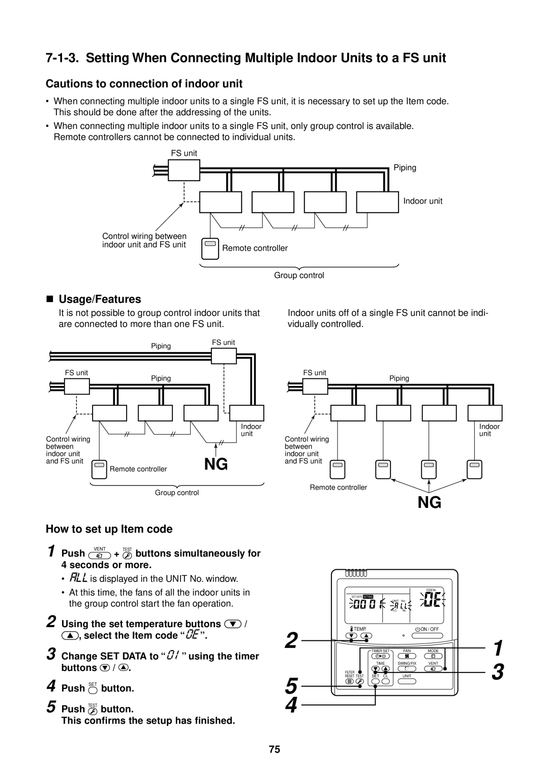 Toshiba MMU-AP0091H Setting When Connecting Multiple Indoor Units to a FS unit, Usage/Features, How to set up Item code 