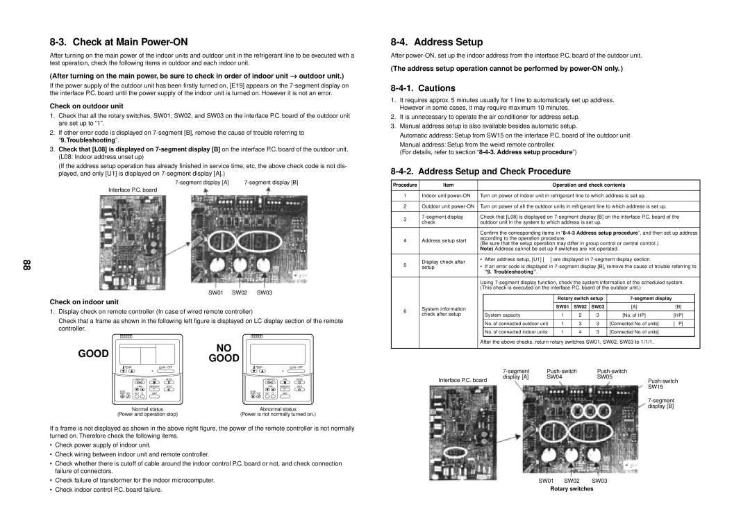 Toshiba MMU-AP0091H service manual Check at Main Power-ON, Address Setup and Check Procedure, Check on outdoor unit 