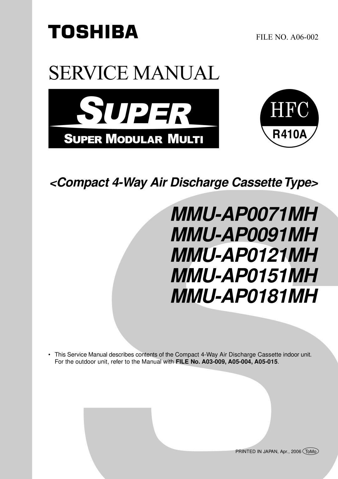 Toshiba MMU-AP0151MH, MMU-AP0181MH, MMU-AP0091MH, MMU-AP0071MH service manual Compact 4-Way Air Discharge Cassette Type 