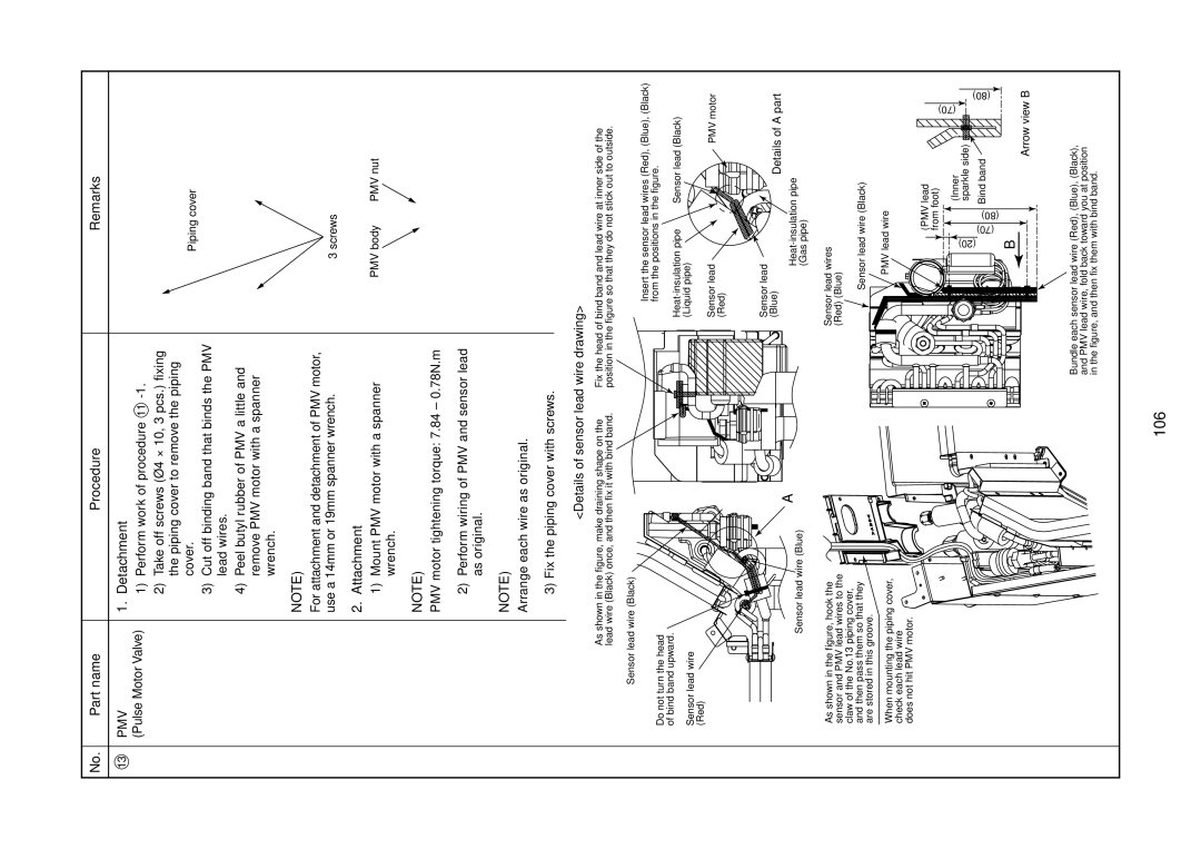 Toshiba MMU-AP0151MH, MMU-AP0181MH, MMU-AP0091MH 106, Details of sensor lead wire drawing, Arrow view B, Details of a part 