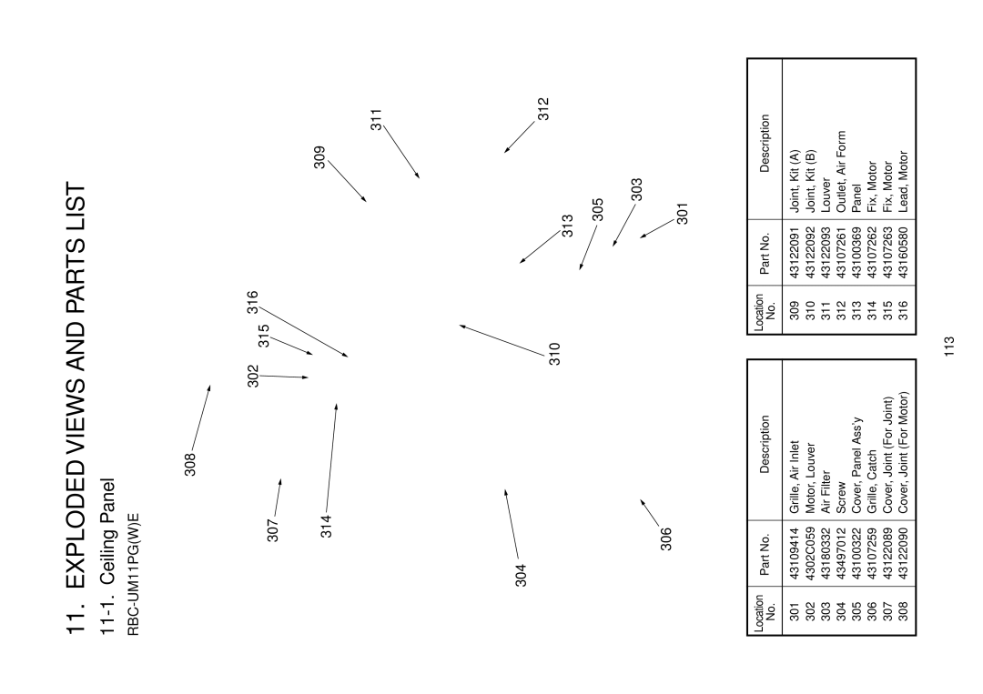 Toshiba MMU-AP0071MH, MMU-AP0181MH, MMU-AP0151MH Exploded Views and Parts List, Ceiling Panel, 113, Description, Location 