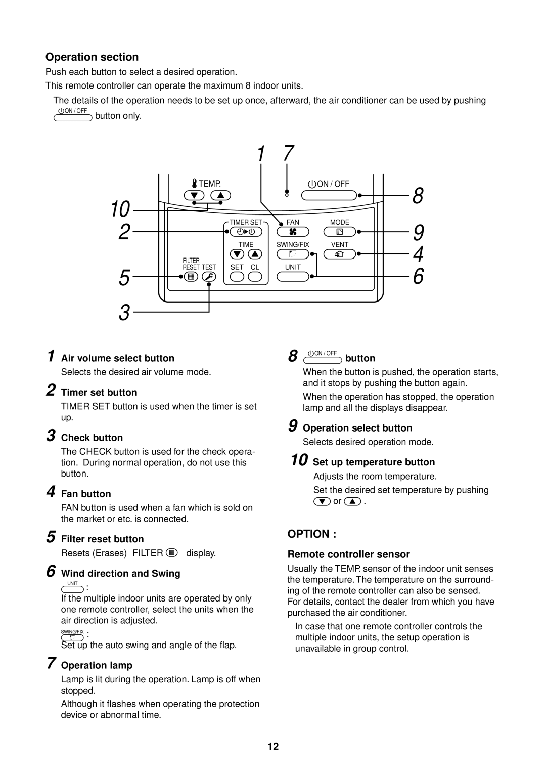 Toshiba MMU-AP0091MH, MMU-AP0181MH Operation section, Remote controller sensor, Button, Wind direction and Swing 