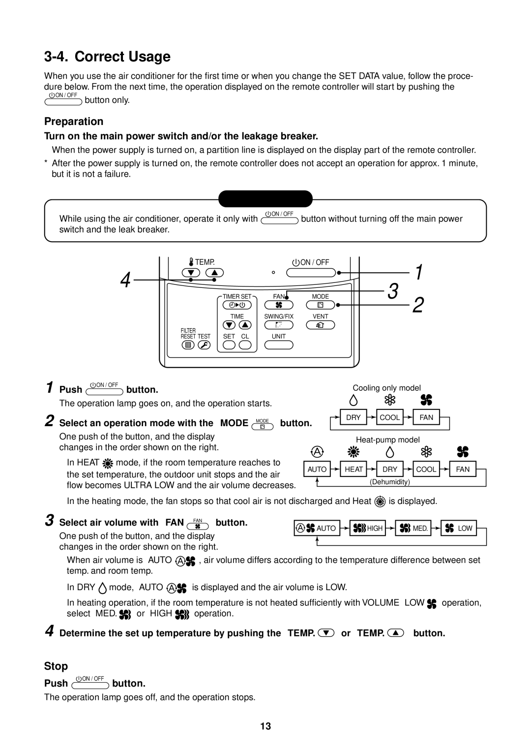 Toshiba MMU-AP0071MH Correct Usage, Preparation, Stop, Turn on the main power switch and/or the leakage breaker 