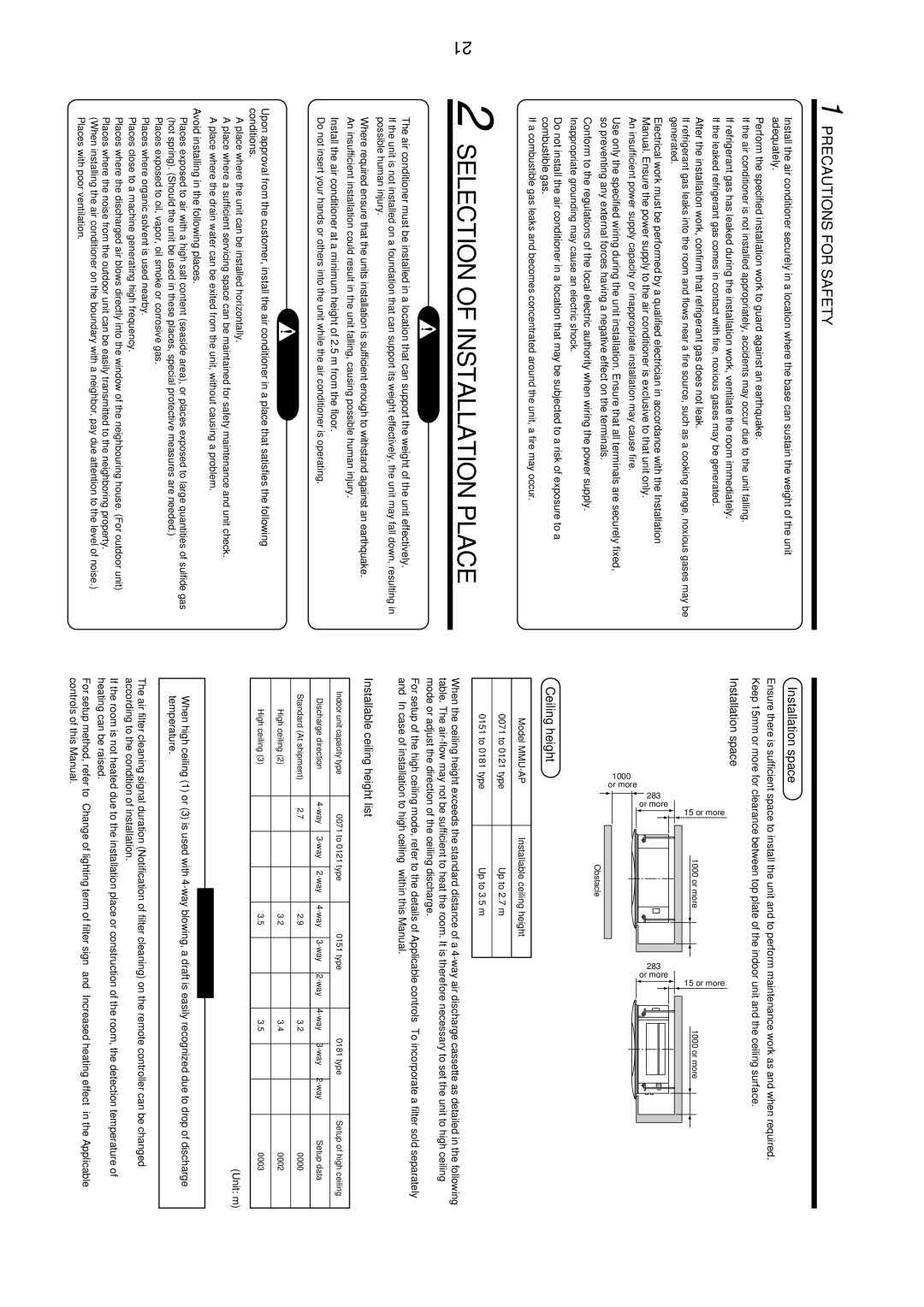 Toshiba MMU-AP0151MH Selection of Installation Place, Installation space, Ceiling height, Installable ceiling height list 