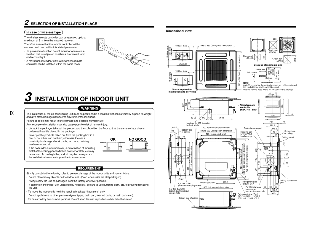 Toshiba MMU-AP0091MH, MMU-AP0181MH, MMU-AP0151MH Installation of Indoor Unit, Case of wireless type, Dimensional view 