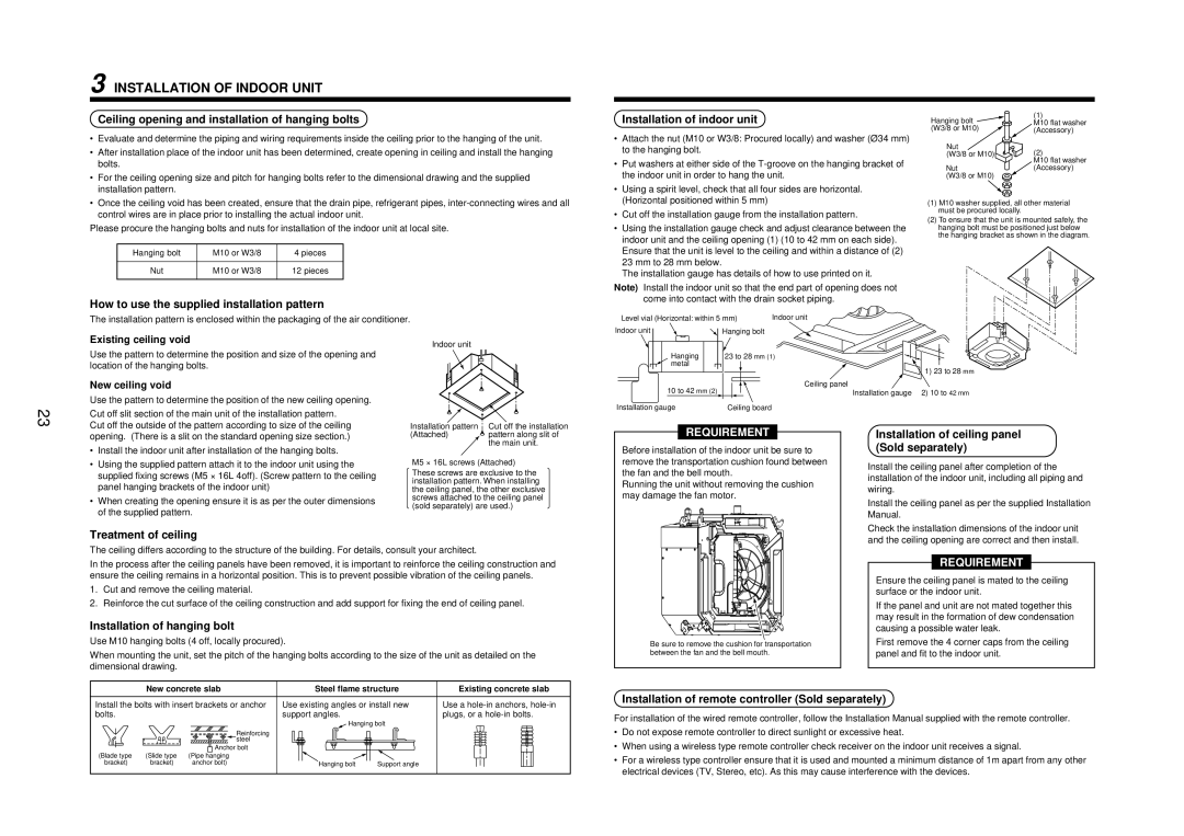 Toshiba MMU-AP0071MH Ceiling opening and installation of hanging bolts, Installation of ceiling panel Sold separately 