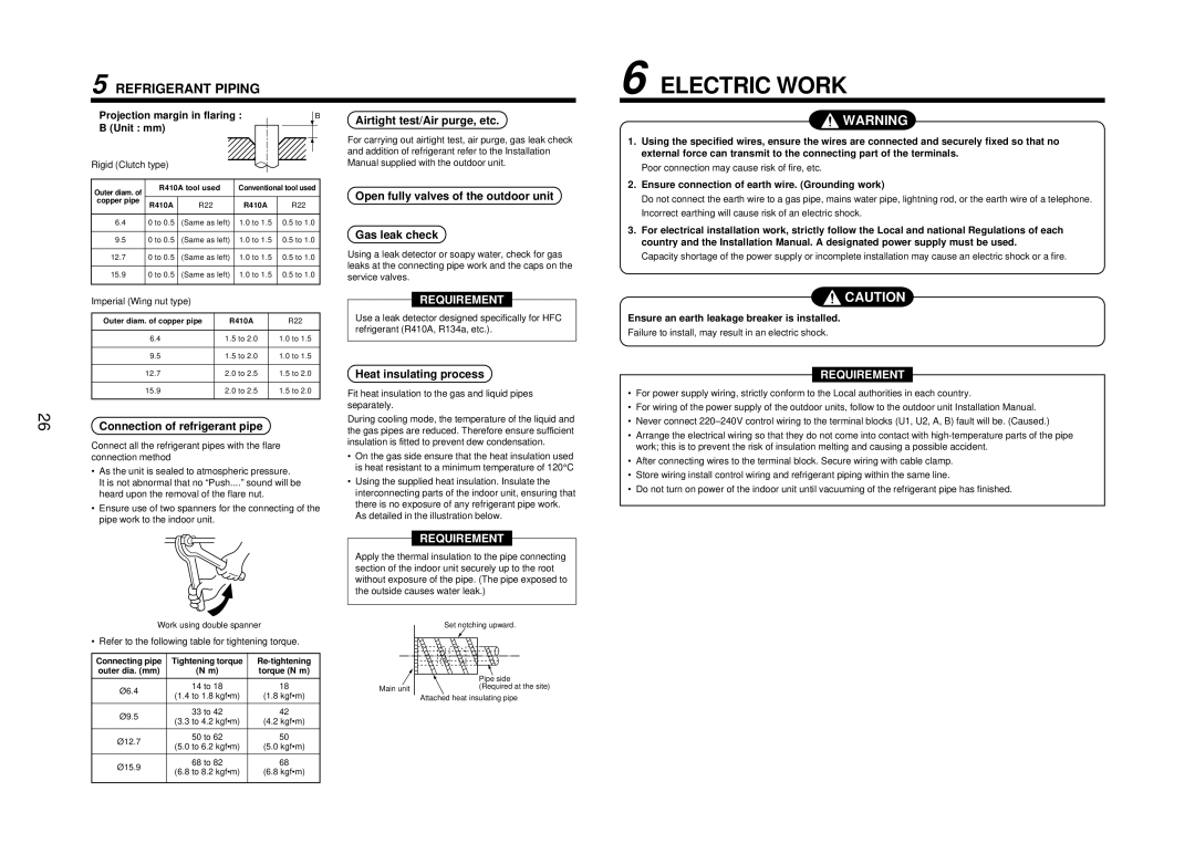 Toshiba MMU-AP0151MH Electric Work, Connection of refrigerant pipe, Airtight test/Air purge, etc, Heat insulating process 