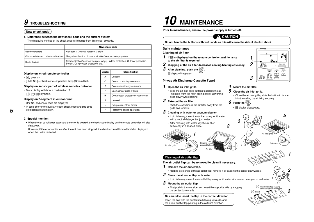 Toshiba MMU-AP0071MH, MMU-AP0181MH Maintenance, New check code, Daily maintenance, Way Air Discharge Cassette Type 