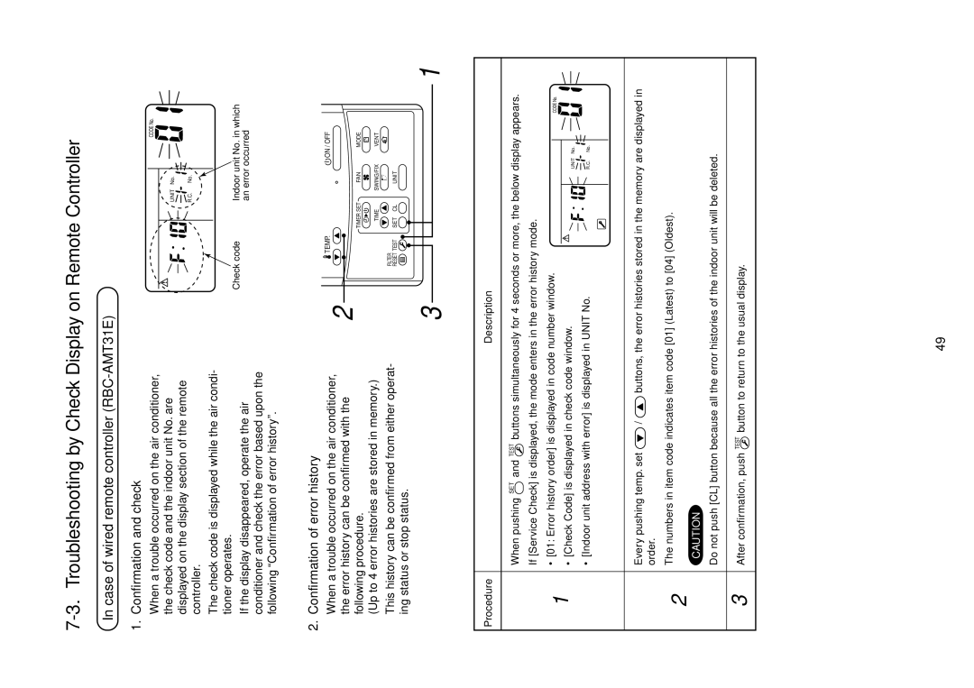 Toshiba MMU-AP0121MH Troubleshooting by Check Display on Remote Controller, Case of wired remote controller RBC-AMT31E 