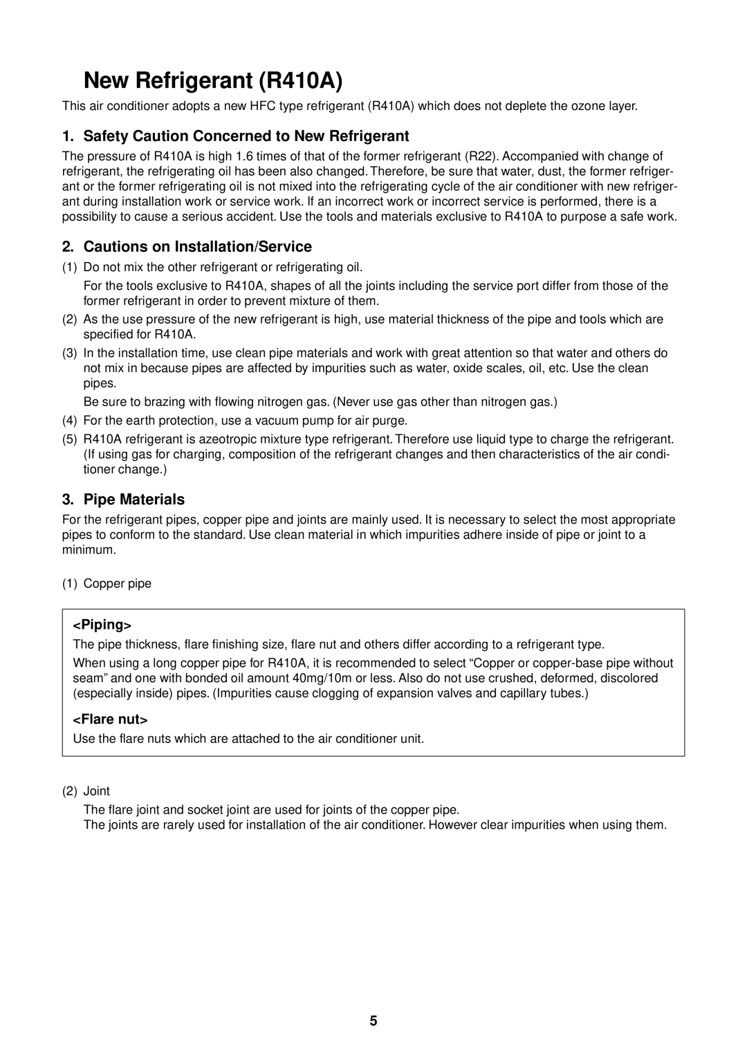 Toshiba MMU-AP0181MH, MMU-AP0151MH Safety Caution Concerned to New Refrigerant, Pipe Materials, Piping, Flare nut 
