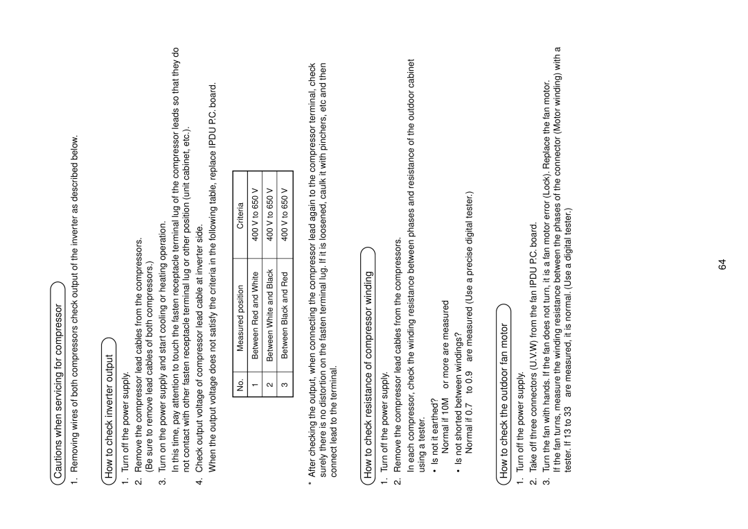 Toshiba MMU-AP0121MH, MMU-AP0181MH How to check inverter output, How to check resistance of compressor winding 