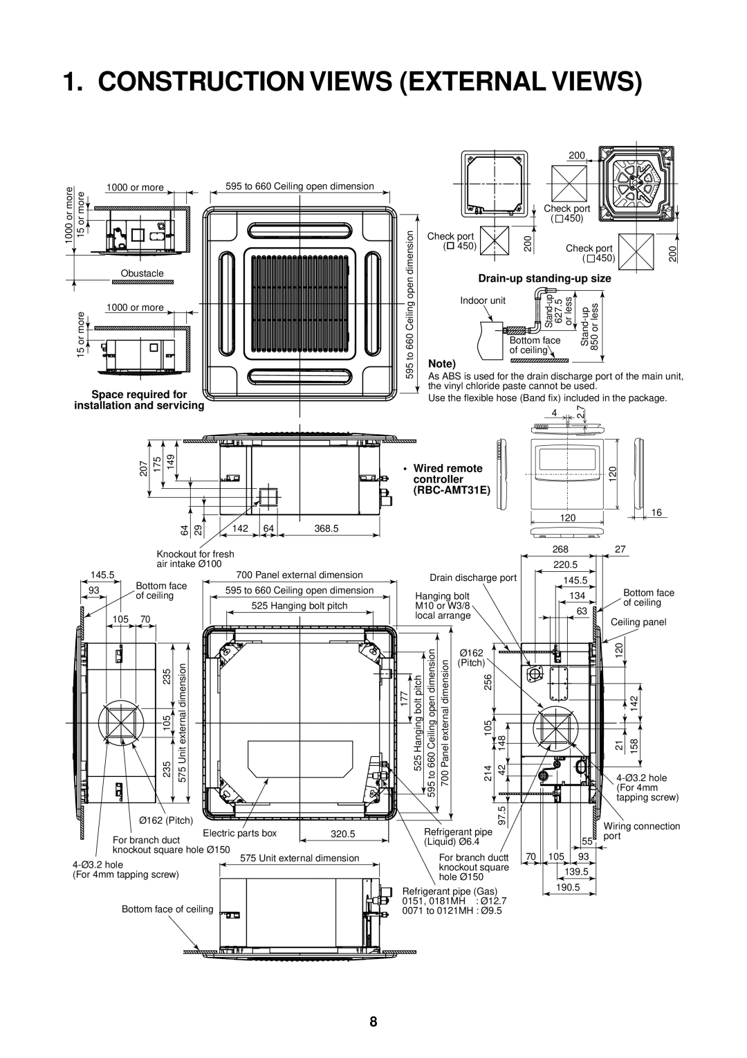 Toshiba MMU-AP0071MH Construction Views External Views, Space required for Installation and servicing, Wired remote 