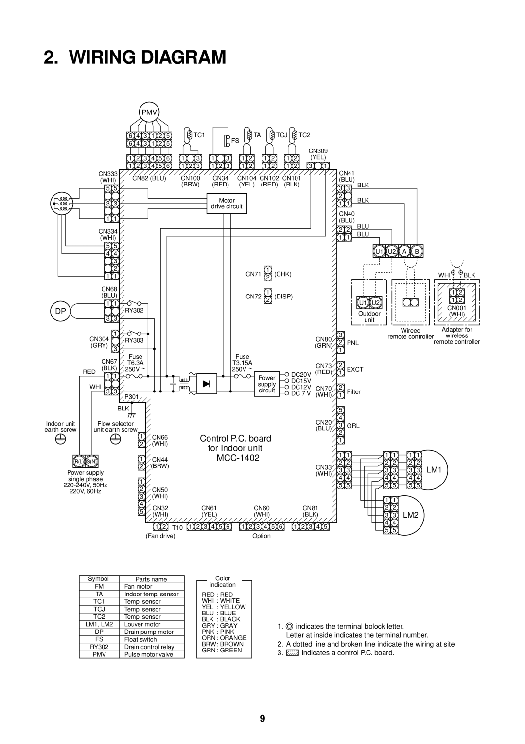 Toshiba MMU-AP0121MH, MMU-AP0181MH, MMU-AP0151MH, MMU-AP0091MH Wiring Diagram, For Indoor unit, MCC-1402, Control P.C. board 