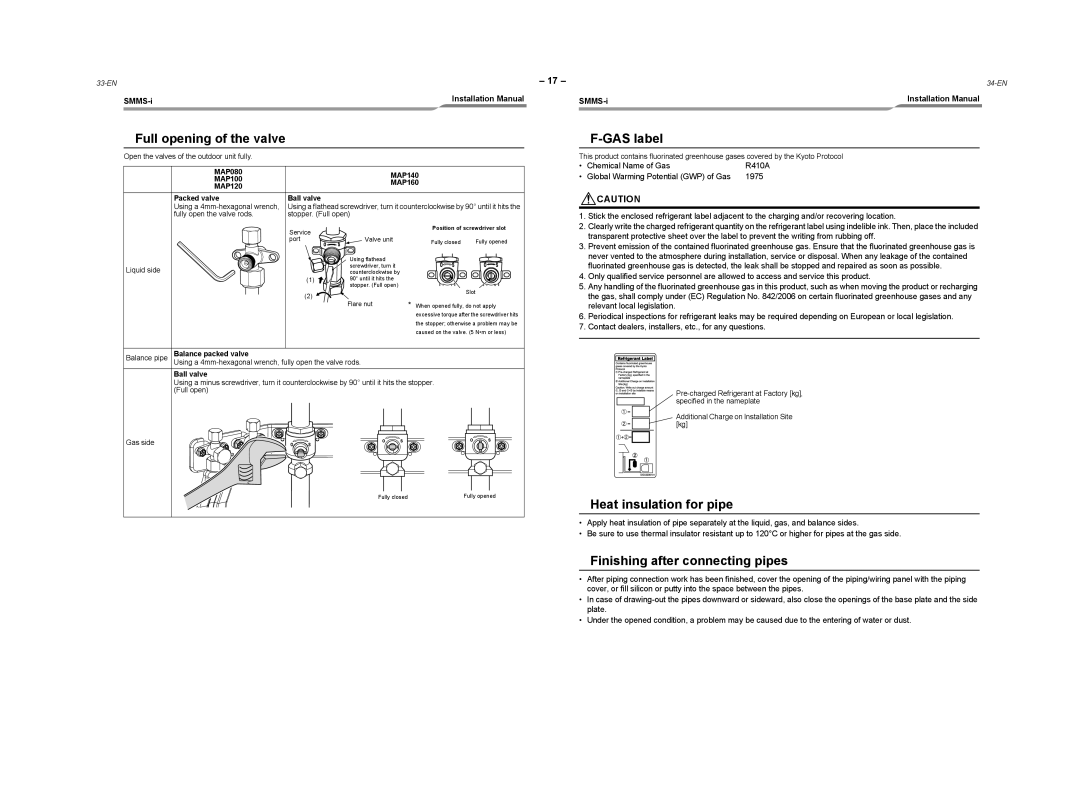 Toshiba MMY-MAP1204HT8-E, MMY-MAP1604HT8ZG-E „ Full opening of the valve, „ F-GAS label, „ Heat insulation for pipe 