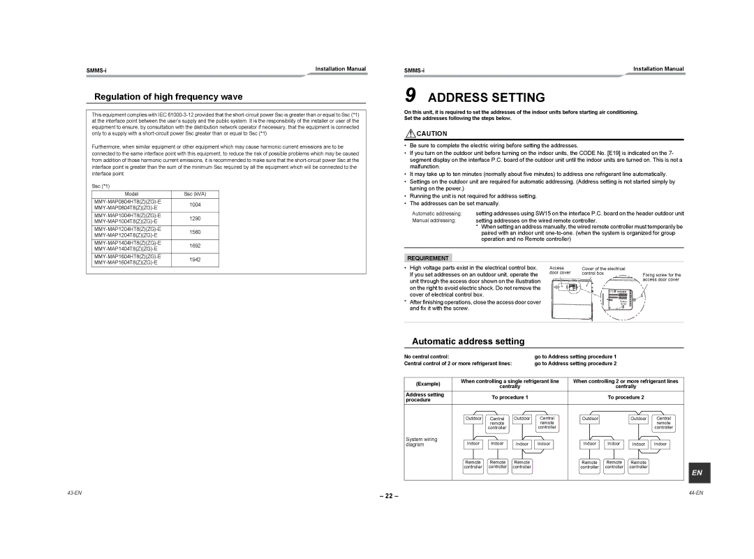 Toshiba MMY-MAP1404HT8Z-E Address Setting, „ Regulation of high frequency wave, „ Automatic address setting 