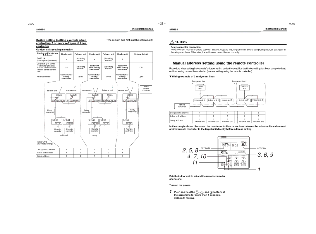 Toshiba MMY-MAP0804HT8Z-E „ Manual address setting using the remote controller, Wiring example of 2 refrigerant lines 