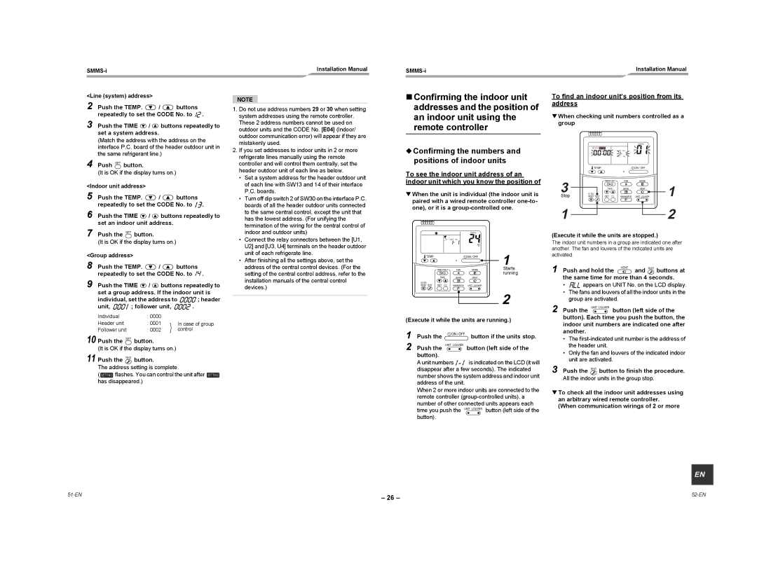 Toshiba MMY-MAP1404HT8-E „Confirming the indoor unit, Addresses and the position, An indoor unit using, Remote controller 