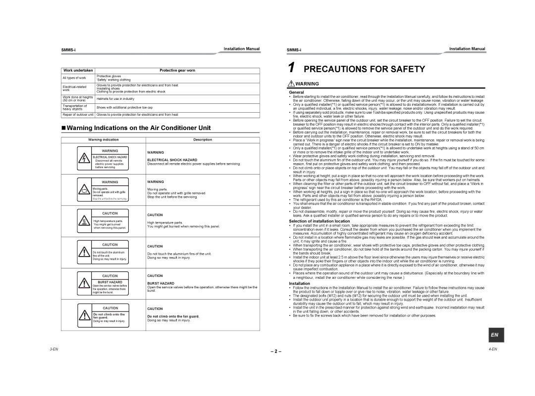 Toshiba MMY-MAP1204HT8-E Precautions for Safety, „ Warning Indications on the Air Conditioner Unit, General, Installation 