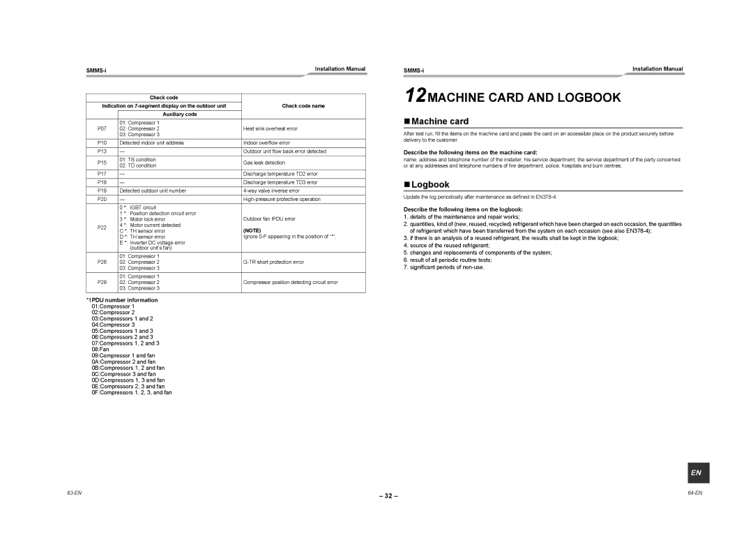 Toshiba MMY-MAP1204HT8-E, MMY-MAP1604HT8ZG-E, MMY-MAP1604HT8-E 12MACHINE Card and Logbook, „ Machine card, „ Logbook 