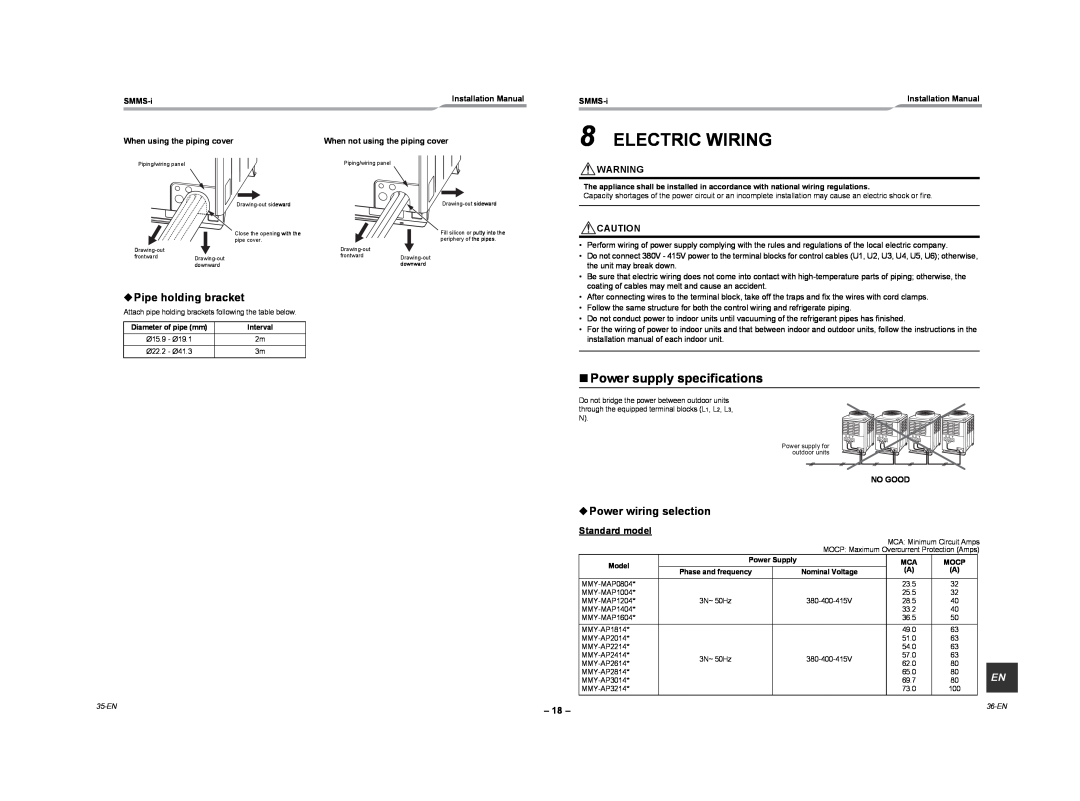 Toshiba MMY-MAP1004HT8Z-E Electric Wiring, „Power supply specifications, Pipe holding bracket, Power wiring selection 