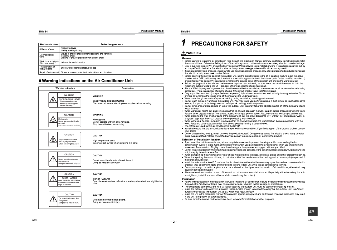 Toshiba MMY-MAP1204HT8-E Precautions For Safety, „Warning Indications on the Air Conditioner Unit, SMMS-i, General, 3-EN 