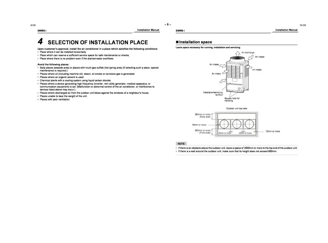 Toshiba MMY-MAP0804HT8ZG-E Selection Of Installation Place, „Installation space, SMMS-i, Avoid the following places 