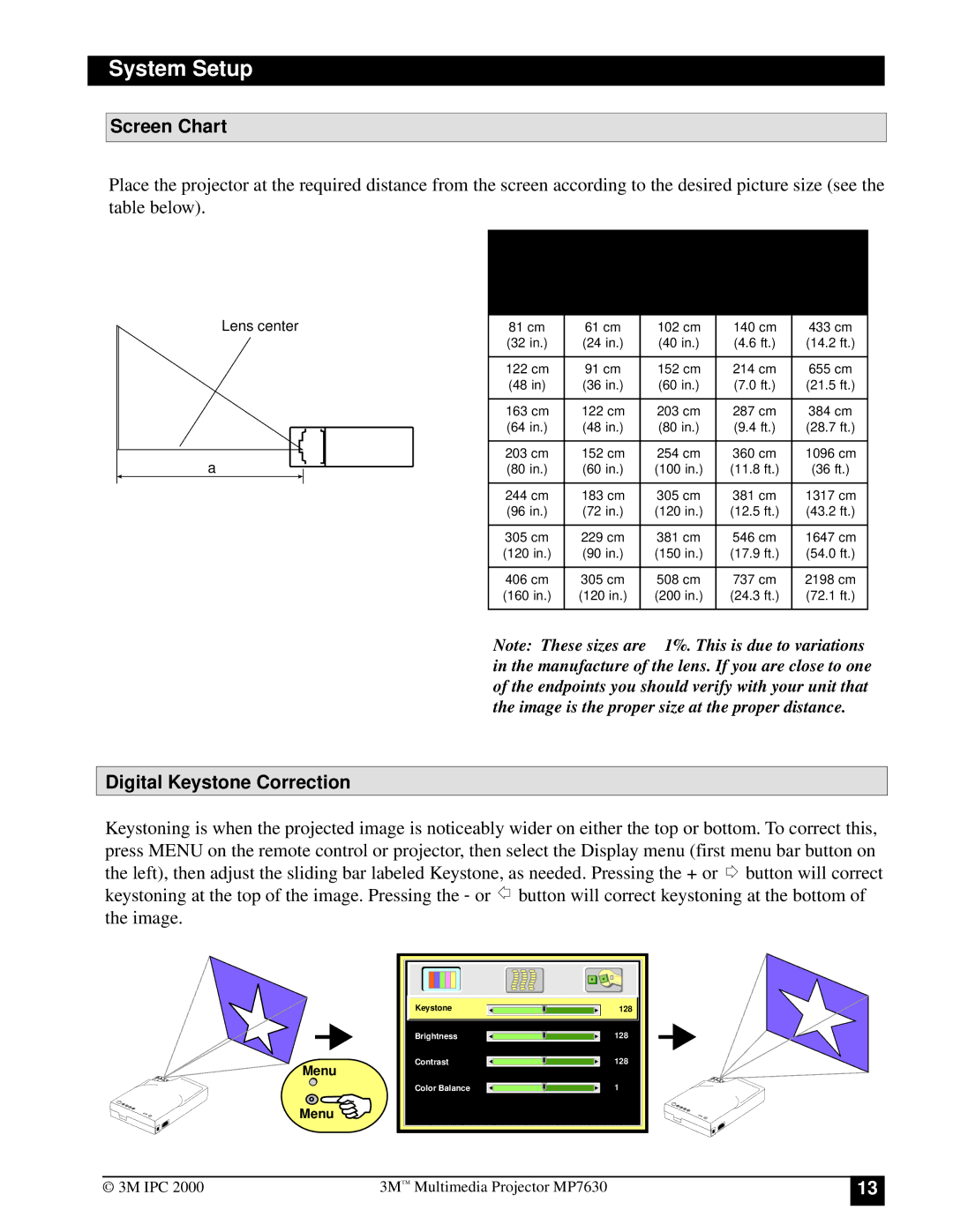 Toshiba MP7630 manual System Setup, Screen Chart, Digital Keystone Correction 