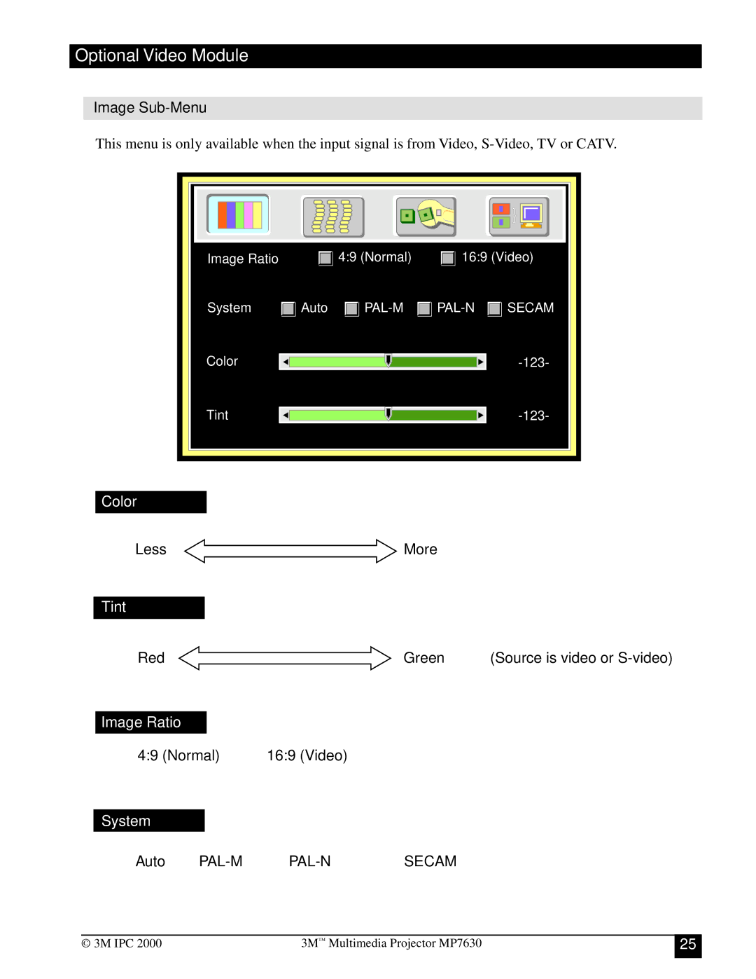 Toshiba MP7630 manual Image Sub-Menu, Less More, Red Green Source is video or S-video, Normal Video, Auto 