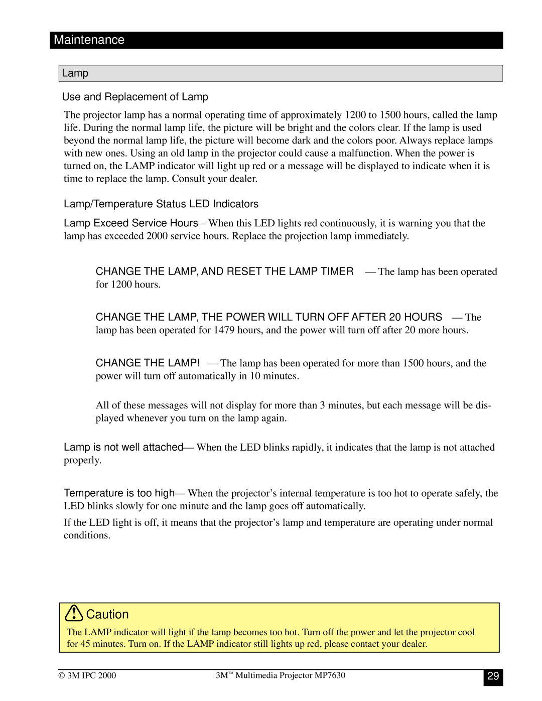 Toshiba MP7630 manual Maintenance, Lamp Use and Replacement of Lamp 