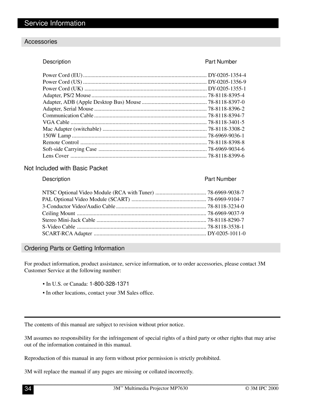 Toshiba MP7630 Service Information, Accessories, Not Included with Basic Packet, Ordering Parts or Getting Information 